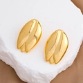 18K gold plated tulip flower stud earrings displayed on a minimalist white stone base - Gold
