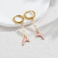 Golden hoop earrings with pink enamel dolphin charms and white pearl beads - Pink Dolphin Style (M-E1122-fen)