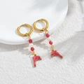 Golden hoop earrings with red beads and a pink dolphin pendant in ocean style - Red Dolphin Style (M-E1122-hong)