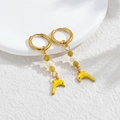 Golden hoop earrings with green beads, white pearl and yellow dolphin pendant - Yellow Dolphin Style (M-E1122-huang)