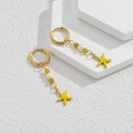 Gold hoop earrings with yellow starfish pendants, white pearls and green beads - Yellow Sea Star Style