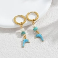 Golden dolphin hoop earrings with turquoise stones and pearls in a nautical style - Blue Dolphin Style (M-E1122-lan)