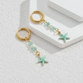 Starfish drop earrings with light green beads and white pearls on gold hoops - Green Sea Star Style