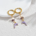 Golden hoop earrings with white pearl, amethyst stone, and purple dolphin charm - Purple Dolphin Style (M-E1122-zi)