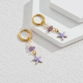 Detail of starfish pendant earrings with purple stone and white pearl on gold hoop - Purple Sea Star Style
