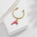 Gold-plated C-shaped cuff earring featuring a pink marble dolphin charm on stone stand - Dolphin Style (M-R858) / Red