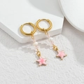 Gold round earrings with white pearls and pink star pendants in marble texture - Pink Star