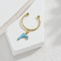 Gold open ring featuring a light blue dolphin enamel charm with a marble texture - Dolphin Style (M-R858) / Blue