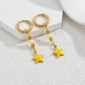 Gold-plated stainless steel star tassel earrings with green beads and yellow enamel charms - Yellow Star Style