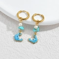 Golden sea horse drop earrings with blue enamel, white pearls and turquoise stones - Blue Crab Style (M-E1123-lan)