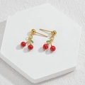 Fashionable 18k gold plated cherry drop earrings with red beads and green leaf details - Enamel Cherry Earring Post