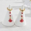 Golden hoop earrings featuring red translucent beads and delicate red fish charms - Red Fish Style (M-E1124-hong)