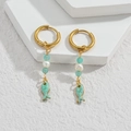 Golden ocean earrings with turquoise beads, white pearl, and green enamel fish charm - Green Fish Style