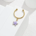 Macro shot of gold hoop with a purple enamel starfish charm on a geometric block - Starfish Style (M-R864) / Purple