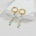 Gold ocean earrings featuring blue beads, white pearl and coral enamel pendants - Green Coral Style (M-E1125-lv)