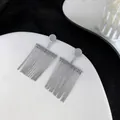 Vista dettagliata di orecchini a nappa in argento con catene metalliche su un vassoio - Argento (A0718B)