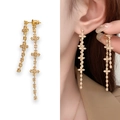 Boucles d'oreilles pendantes à croix dorées avec pendentifs en cristal de zircon - Style Croix Dorée à Pompons (A0236A)