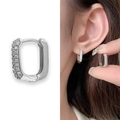 Silver rectangular hoop earrings with micro-pave white zircon inlay and clasp closure - Silver (A0228B)