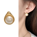 Elegant gold-plated teardrop pearl stud earrings shown on white background and model - Gold (ZYS0147A)