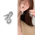 Silver snake stud earrings with micro-paved zircons and 18K gold plating on model - Silver (A0239B)