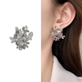 Silver butterfly stud earrings with rectangular zircon on white background and model - Silver