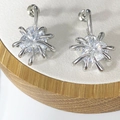 Detailed close-up of silver sunburst stud earrings with clear zircon on a display stand - Silver Style (A0139A)