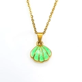 Polished gold scallop shell pendant necklace with emerald green marble enamel texture - Gold Green Enamel
