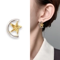 Unique celestial star and moon stud earrings in silver and gold mixed metal finish - Copper Plated 18K Real Gold / Gold Silver Color Block (A1101-04B)