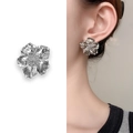 Silver liquid metal flower stud earrings with multilayer petals on model and white background - Small Size/2.5cm / Silver