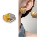 Two-tone fan-shaped textured earrings in gold and silver finish with model wearing view - Two-tone Gold & Silver (A1103-04A)
