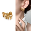 Golden bow stud earrings with pink zircon accents in a side-by-side product and model view - Gold with Zirconia (A1104-04C)