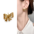 Elegant 18K gold-plated ribbon bow stud earrings for women with a polished finish - Gold Plain Surface (A1104-04C)