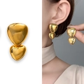 Polished 18K gold plated double layered irregular heart earrings on female model - Gold Plated Copper / Gold Style (A1204-02B)