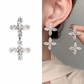 Elegante zilveren klaver oorbellen met marquise zirkoon en dubbele druppel ontwerp - Dubbele Bloem Druppel Stijl (A1304-04B) / Zilver