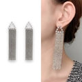 Silver long chain tassel earrings with rhinestone triangle stud in elegant finish - Silver