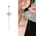 Long tassel drop earrings with 18K gold plated chain and zircon clover crystal - Gold Plated Copper + Zircon / Gold