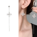 Silver four-leaf clover drop earrings with zircon stones and long chain tassels - Gold Plated Copper + Zircon / Silver