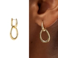 Minimalist gold U-shaped heart earrings with sleek teardrop pendant on model and white background - Gold