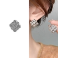 Silver woven texture square stud earrings in a geometric minimalist design - Silver