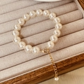 Pulsera de perlas vintage francés con cierre de langosta dorado y cadena de extensión - Pulsera de perlas de 10mm / Blanco