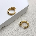 Detail of gold snake earrings with green zircon eyes and textured geometric patterns - Gold(A0277B)