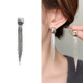 Elegant silver tassel chain earrings with geometric square stud in S925 sterling silver - Silver