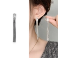 Minimalist silver long tassel earrings with sparkling zircon stones for women - Silver