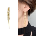 Golden wheat leaf drop earrings with long chain tassels and sparkling zircon stones - Gold (A1401-02A)