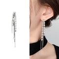 Long silver tassel earrings with marquise cubic zirconia and sleek leaf-shaped chains - Silver (A1401-02A)