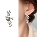 Elegant silver butterfly tassel earrings featuring white shell inlay and sparkling crystals - Silver (A0647A)
