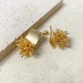 Golden snowflake firework stud earrings with brushed metal finish and white zircons - Industrial Deconstructed Radial Studs / Gold (A0680A)