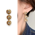 Golden triple heart drop earrings with sparkling heart-shaped crystals in French retro style - Gold (A1001-10B)