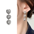 Elegant silver three-heart drop earrings with sparkling round zirconia crystals - Silver (A1001-10B)