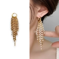 Elegant gold tassel earrings with multilayer white pearls and delicate link chains - Gold